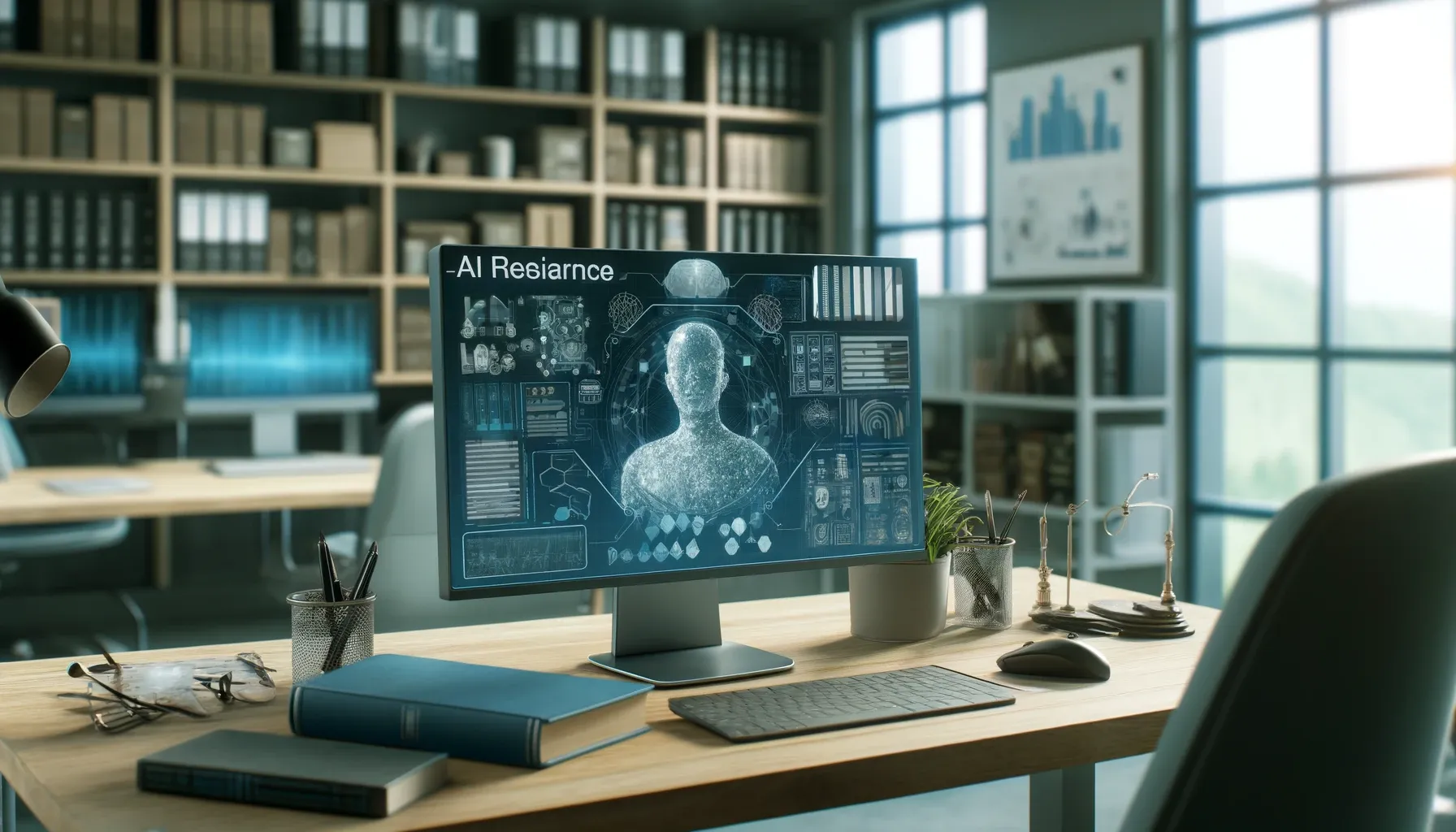 A modern office environment focused on AI research. The scene shows a desk with a computer displaying AI-related data and research materials. The background features shelves with books and documents related to AI safety and ethics. The office atmosphere is serious and professional, reflecting the focus on AI safety and ethics research.